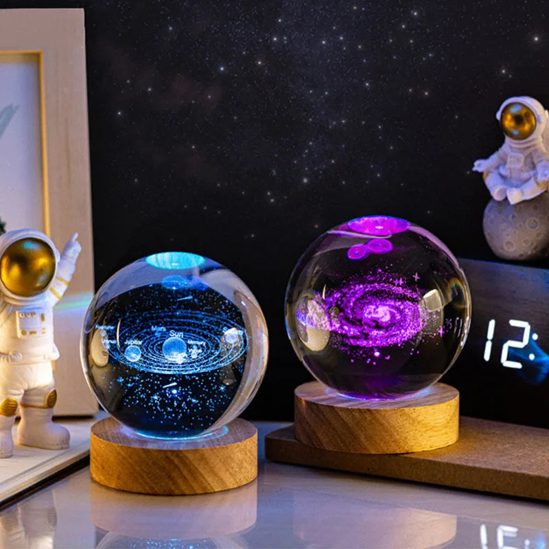 Saturn/Sun Planet Galaxy Star Moon Usb Crystal Ball Table Lamp with Wood Base 7 Colors 3D Atmosphere Room Night Light Kids Gifts